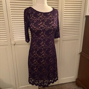 Connected Apparel Fully-Lined Lace Knee-Length Elbow-Sleeve Plum Cocktail Dress